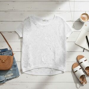 Cato White Lace Top‎ Short Sleeve Layering T Shirt Sheer Casual